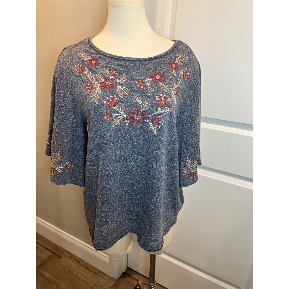 Embroidered Blue Marled Knit Top 3/4 Sleeve L‎ Floral Boho Artisanal Feminine